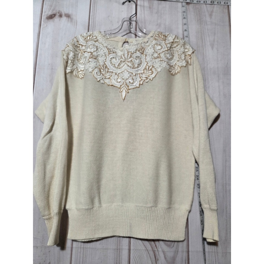 Maurada‎ Cream Lace Neckline Sweater Knit Pullover Women's PM